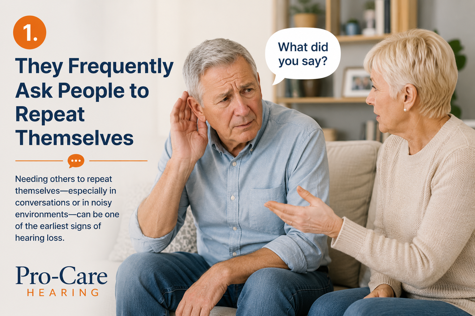 Older man asking someone to repeat themselves during a conversation at home — common early sign of hearing loss.