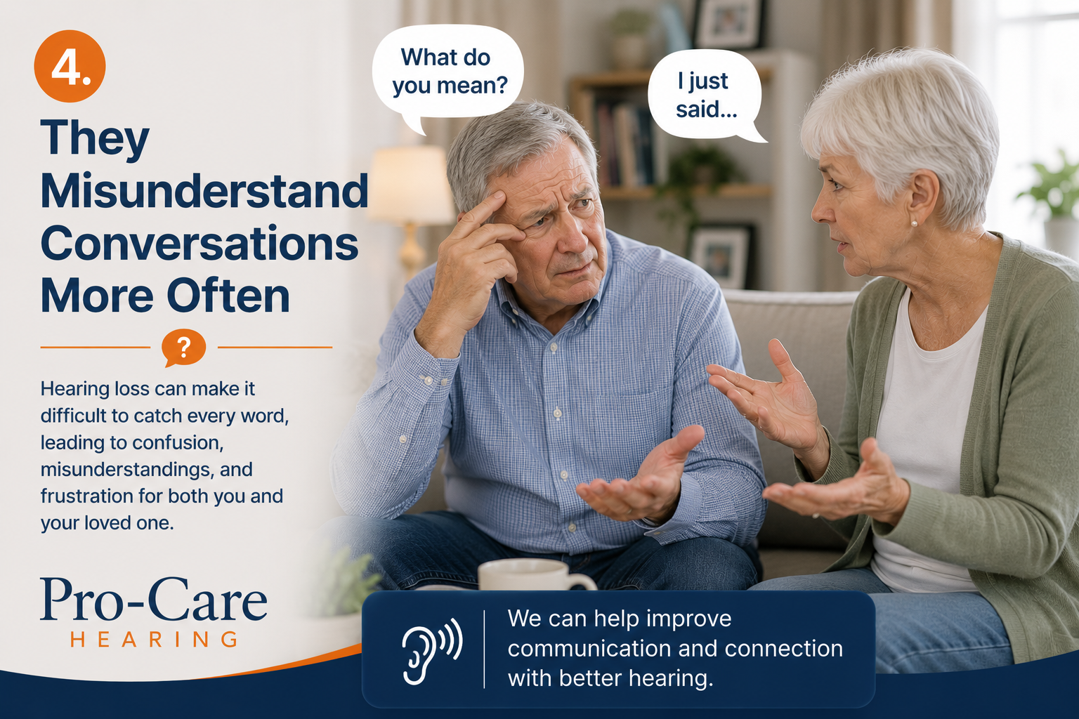 Older couple having a confusing conversation at home due to possible hearing loss and miscommunication.