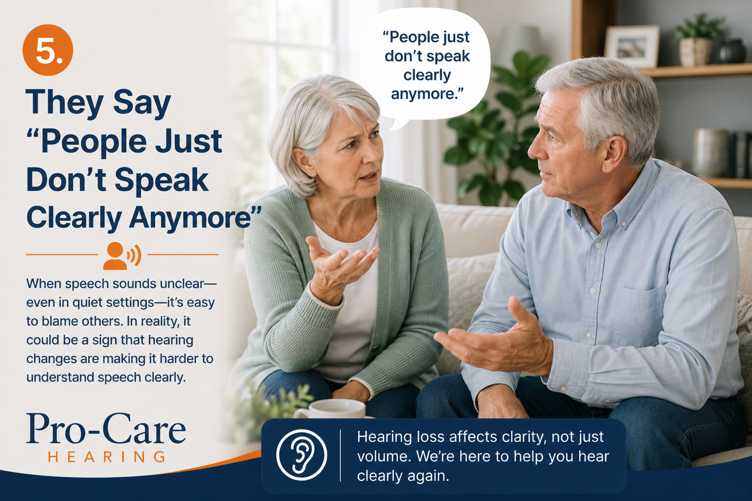 Older couple sitting together in a living room discussing difficulty hearing conversations clearly.