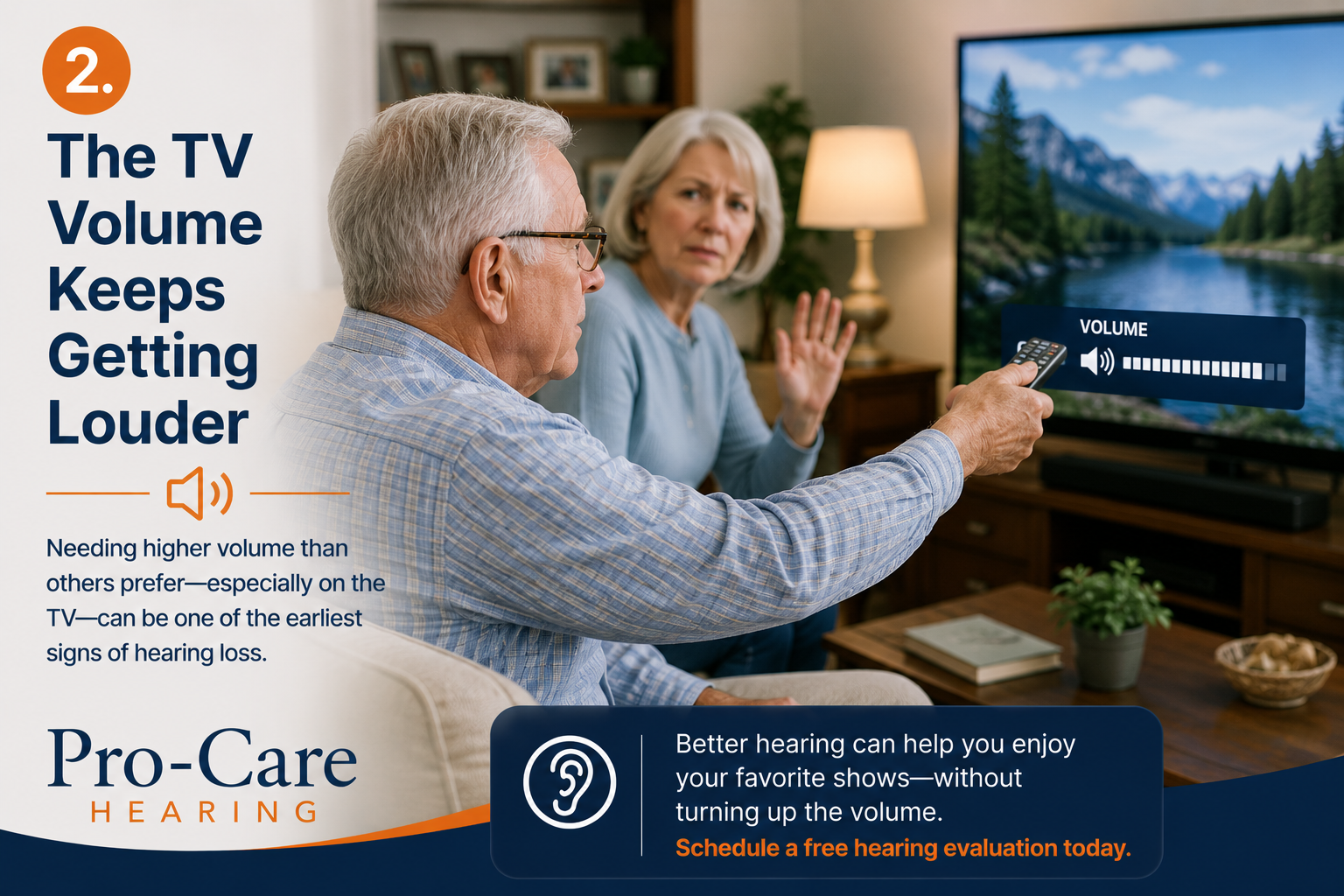 Senior man sitting in a living room turning up the television volume while family members react nearby.