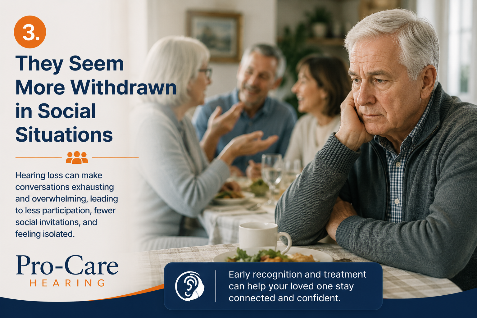 Older man sitting quietly and withdrawn during a social gathering while others talk in the background — possible sign of hearing loss.