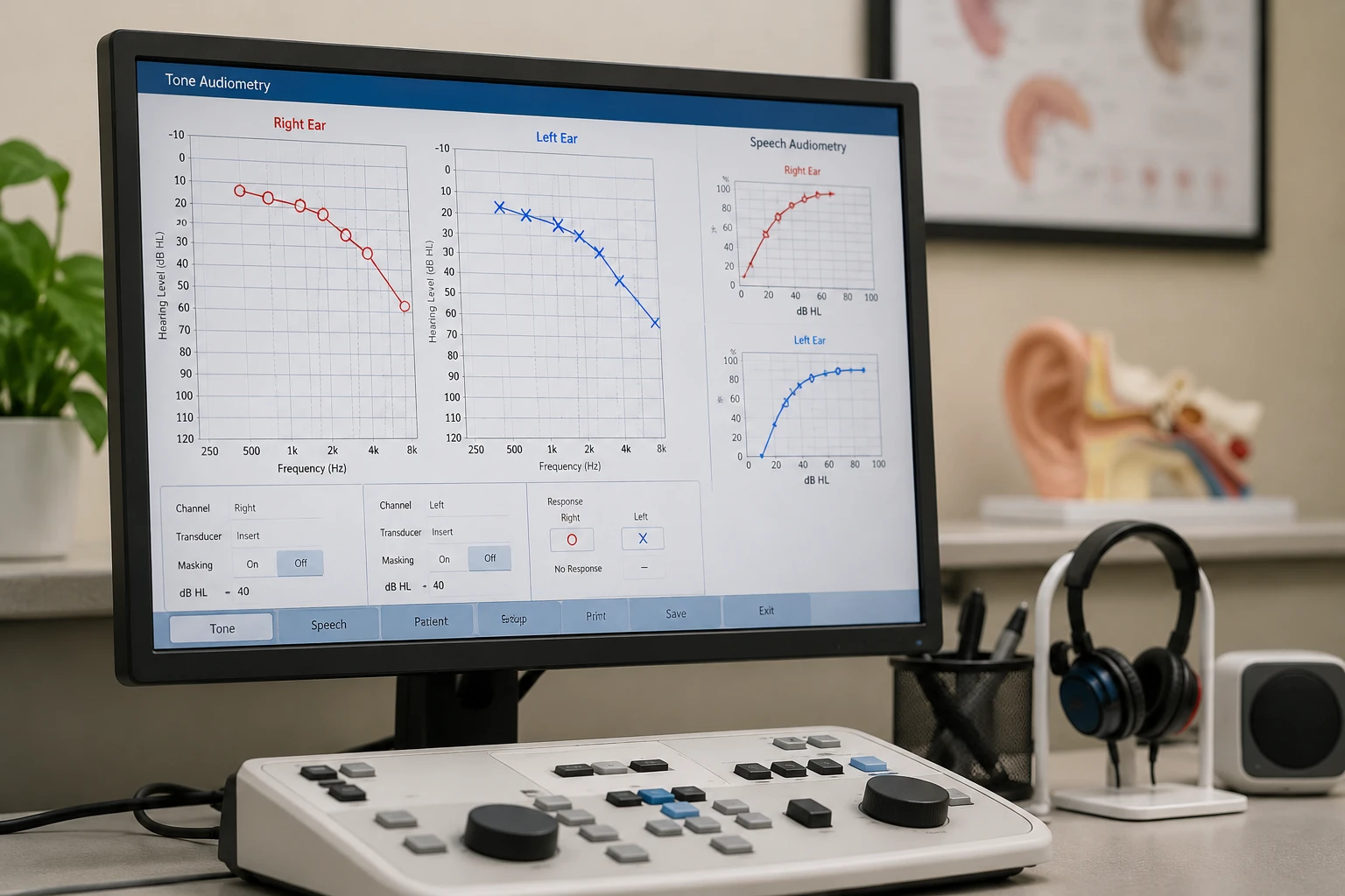Audiometer and computer displaying a comprehensive hearing test audiogram during a hearing evaluation at Pro-Care Hearing in Plattsburgh, NY.