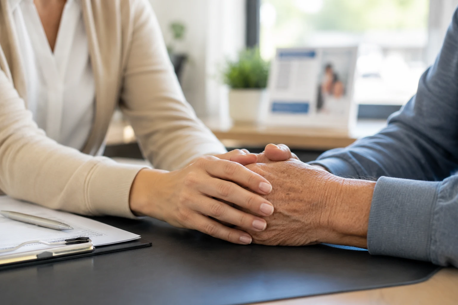 Hearing specialist comforting an older adult during a personalized hearing consultation at Pro-Care Hearing in Plattsburgh, NY.