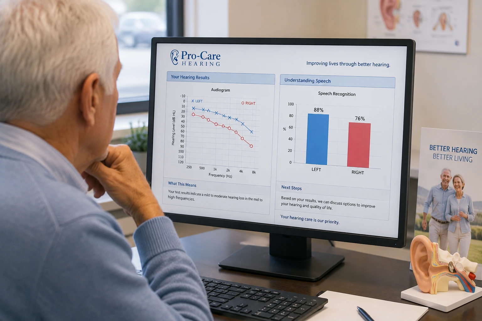 Older adult reviewing hearing test results and audiogram on a computer monitor during a hearing consultation at Pro-Care Hearing in Plattsburgh, NY.